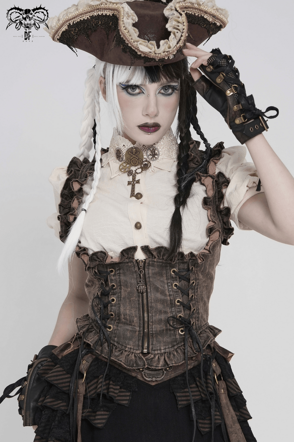 Vintage Lace-Up Waistcoat With Front Zipper Detail