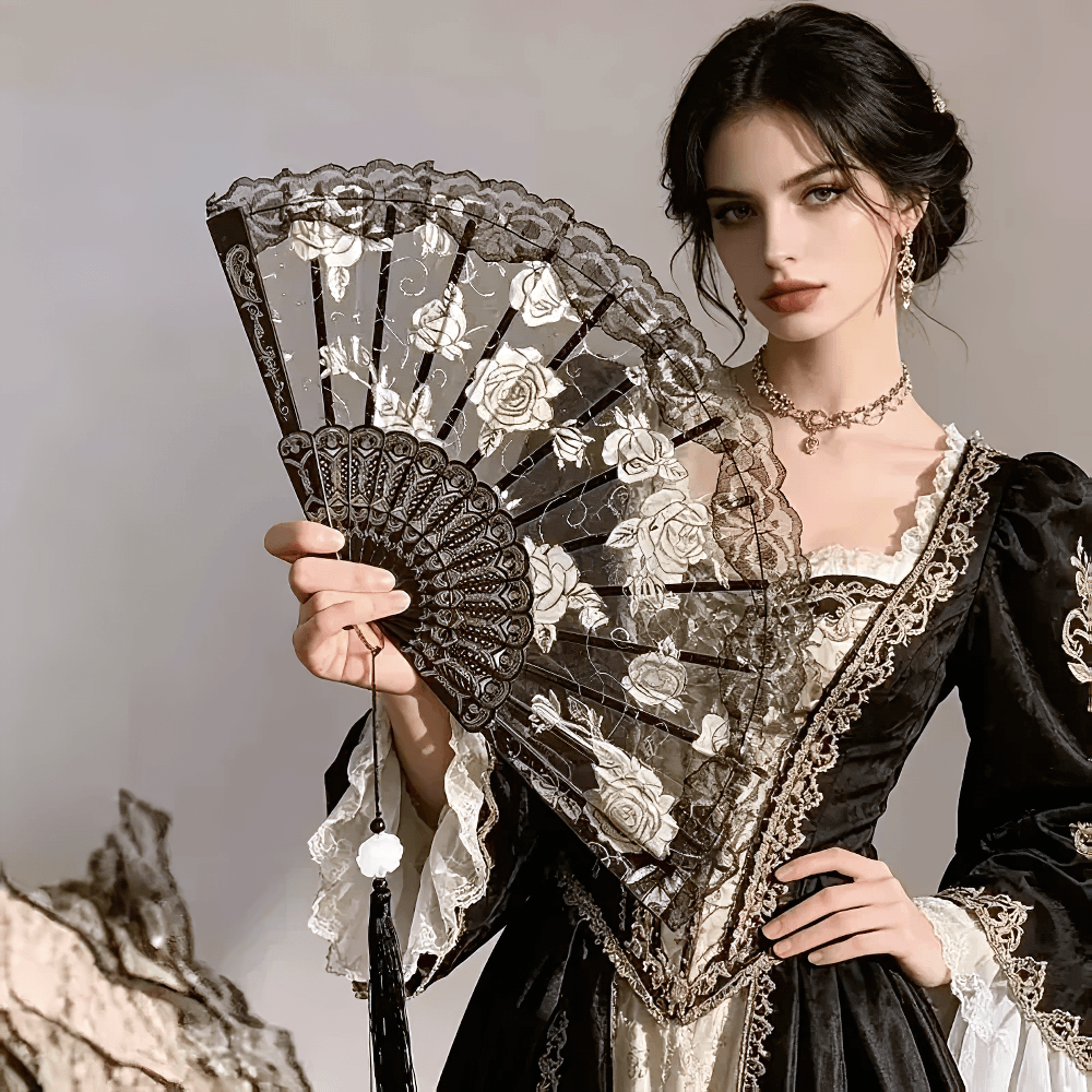 Vintage Rose Lace Folding Fan with Tassel Pendant