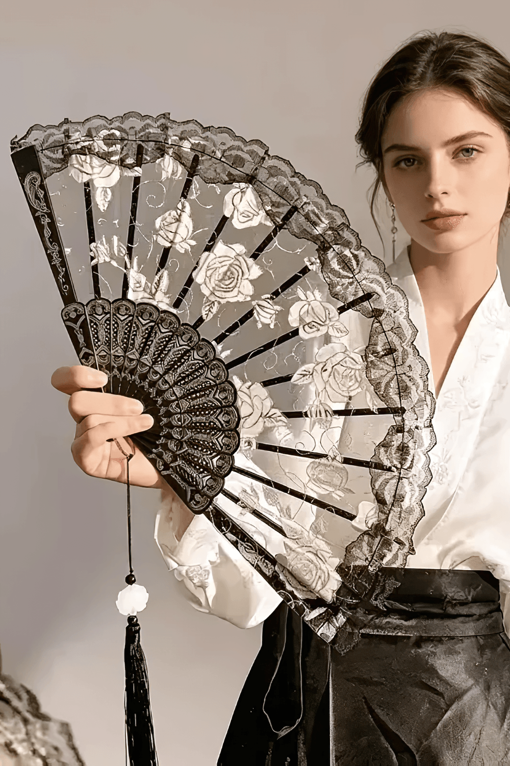 Vintage Rose Lace Folding Fan with Tassel Pendant