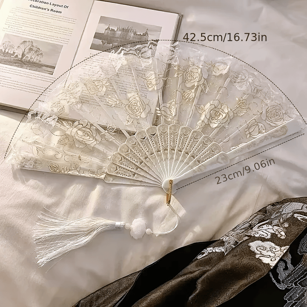 Vintage Rose Lace Folding Fan with Tassel Pendant