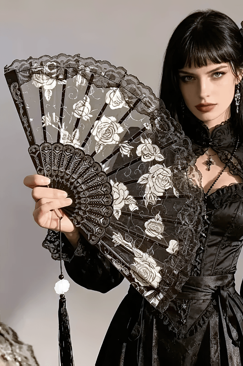Vintage Rose Lace Folding Fan with Tassel Pendant