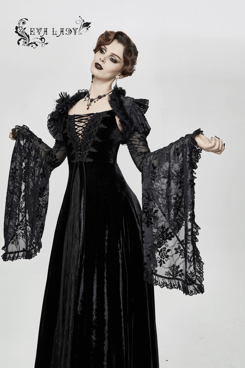 Vintage Sexy Off Shoulder Velvet Long Dress / Gothic Black Dress with Lace On Bodice & Lace-up Back