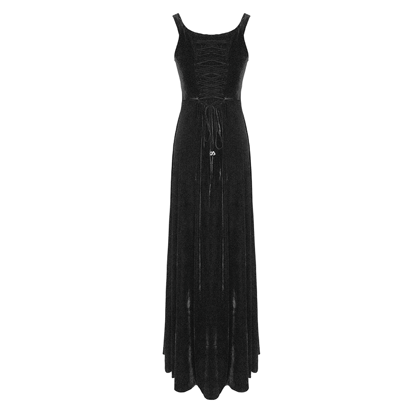 Vintage Sexy Off Shoulder Velvet Long Dress / Gothic Black Dress with Lace On Bodice & Lace-up Back