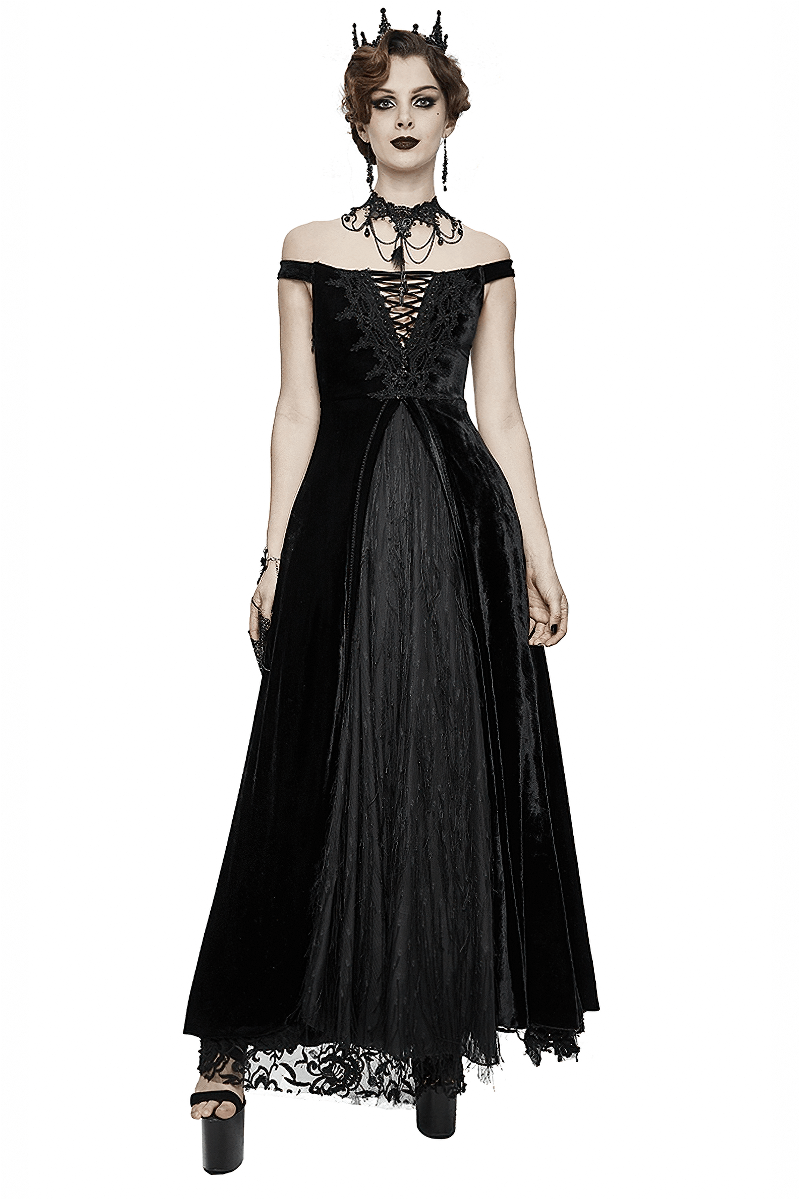 Vintage Sexy Off Shoulder Velvet Long Dress / Gothic Black Dress with Lace On Bodice & Lace-up Back