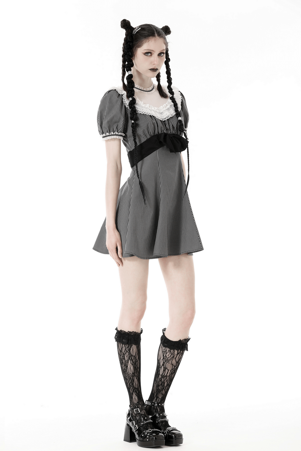 Vintage Striped Dress with Lace and Bow Detail
