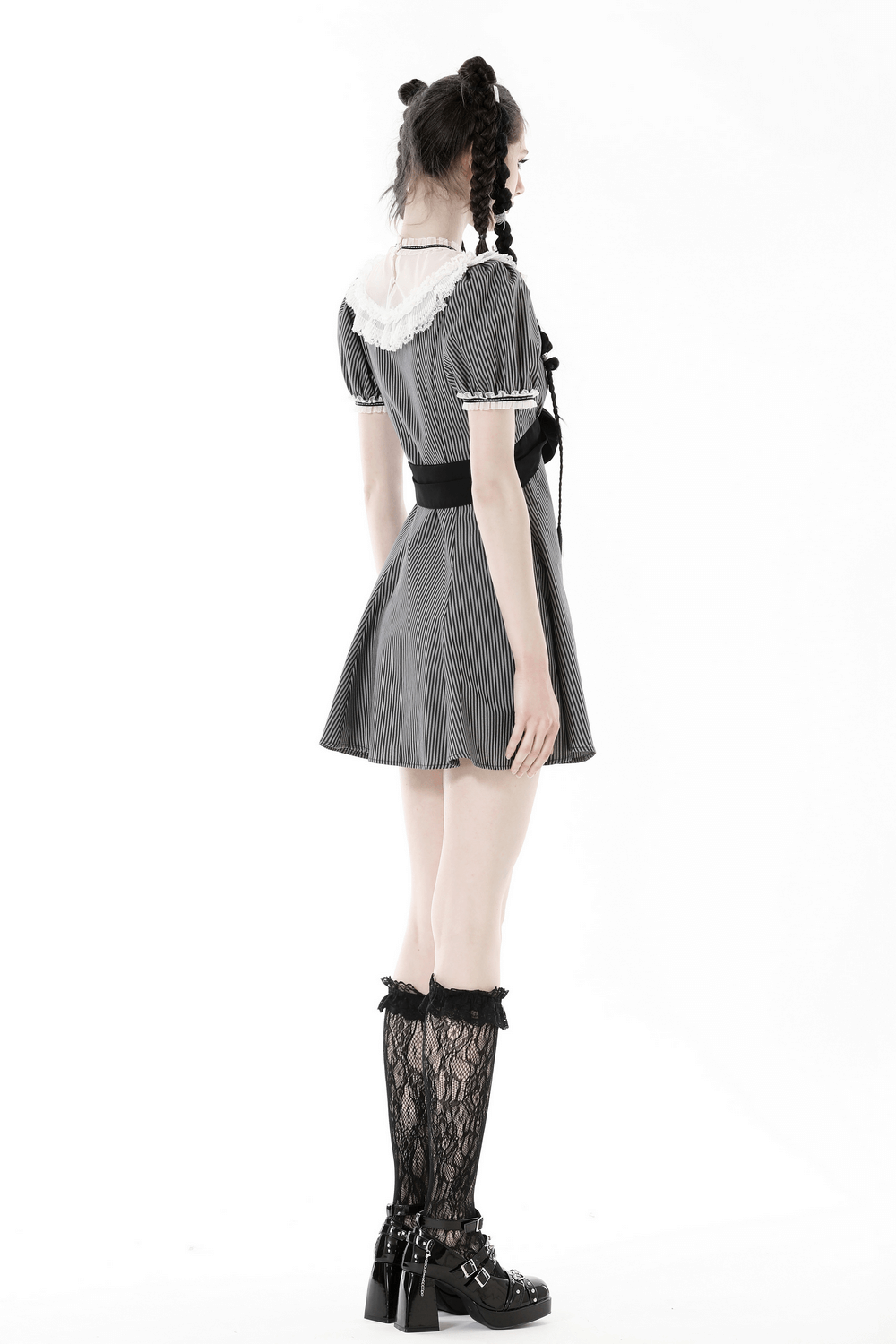 Vintage Striped Dress with Lace and Bow Detail