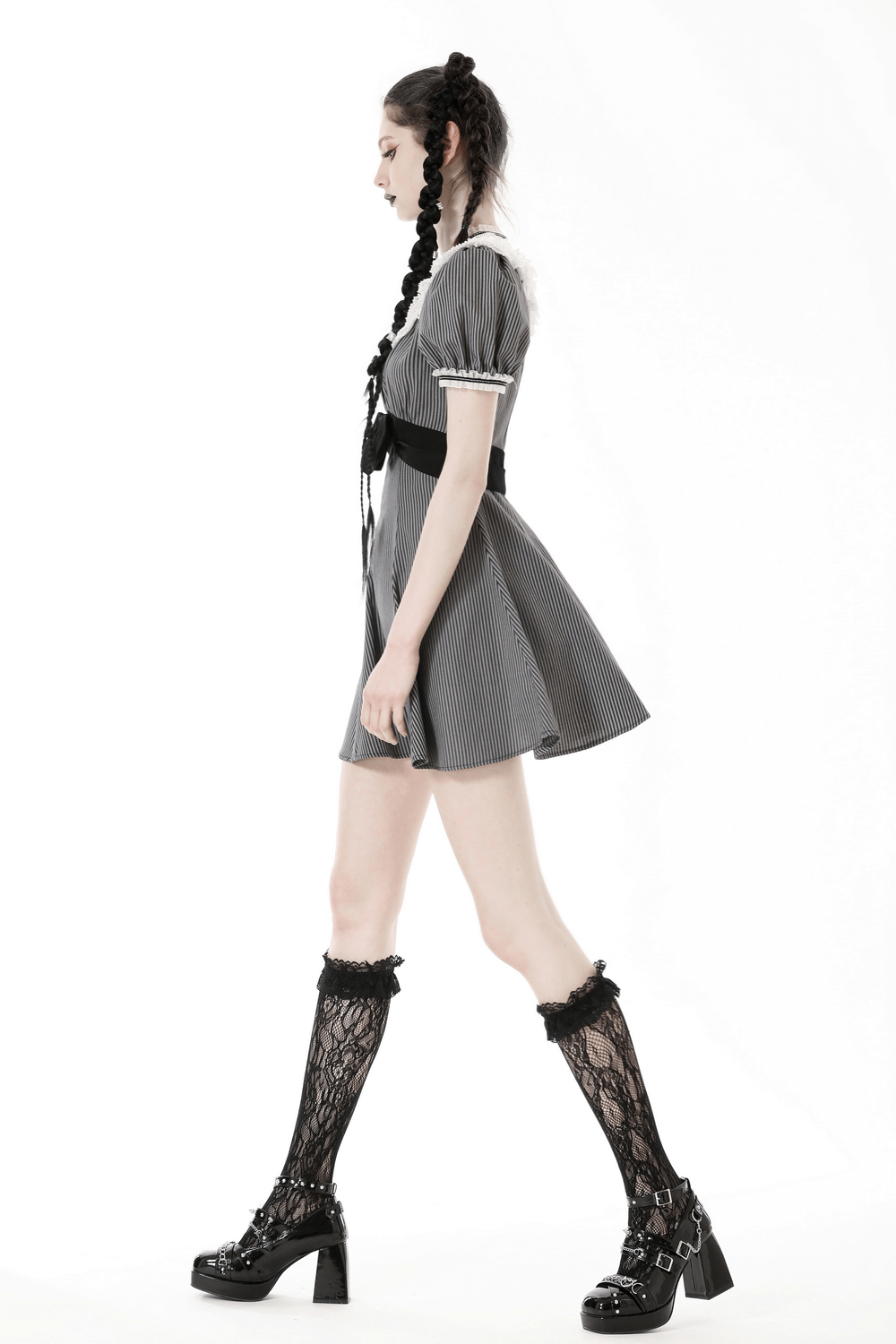 Vintage Striped Dress with Lace and Bow Detail