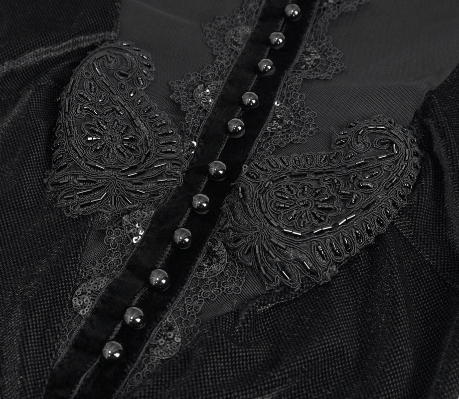 Vintage Velvet Slit FishtaiI Dress with Lace Applique / Gothic See-through Neck Long Sleeves Dress