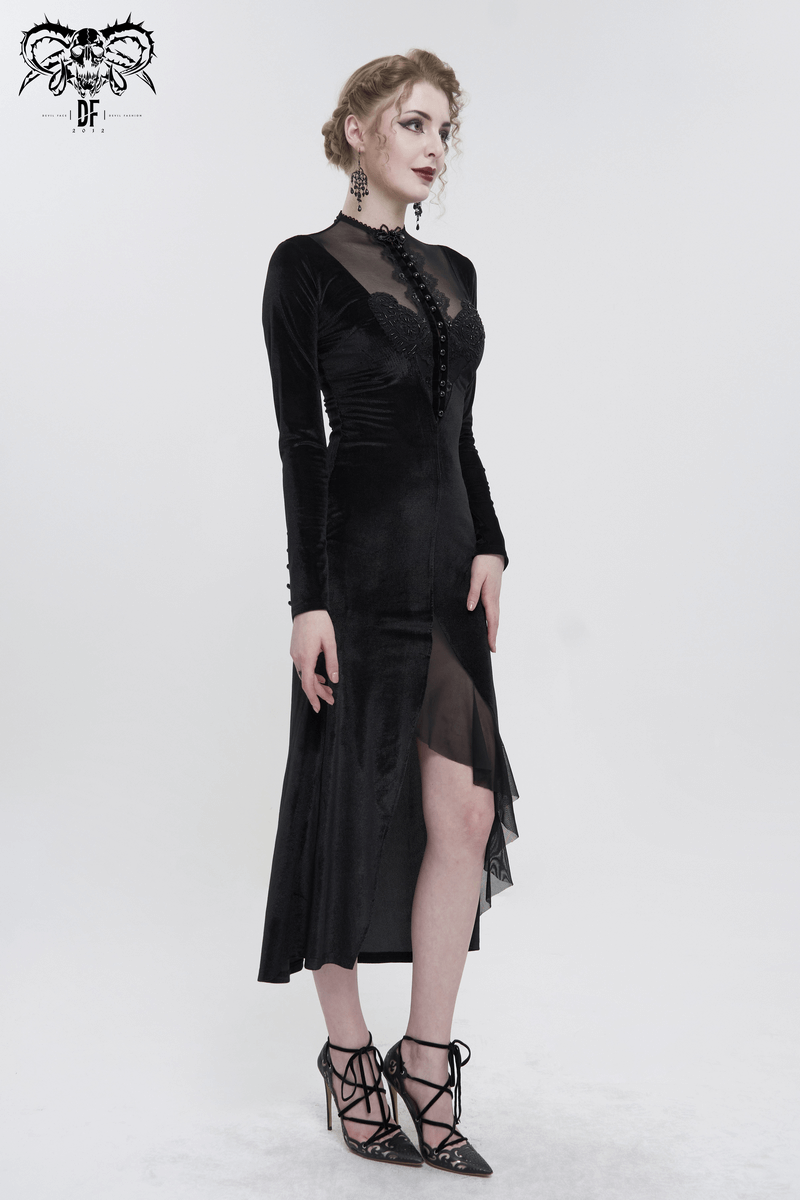 Vintage Velvet Slit FishtaiI Dress with Lace Applique / Gothic See-through Neck Long Sleeves Dress