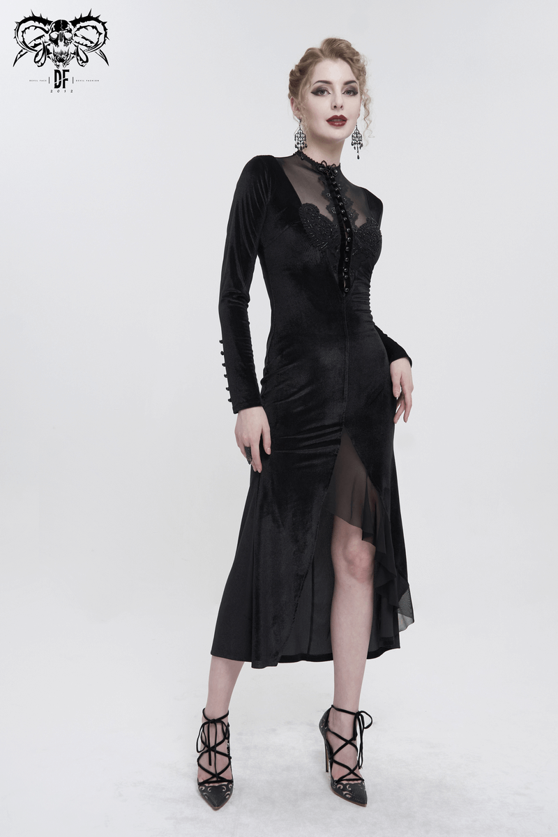 Vintage Velvet Slit FishtaiI Dress with Lace Applique / Gothic See-through Neck Long Sleeves Dress