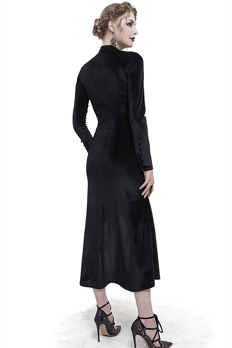 Vintage Velvet Slit FishtaiI Dress with Lace Applique / Gothic See-through Neck Long Sleeves Dress