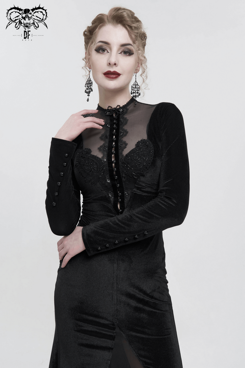 Vintage Velvet Slit FishtaiI Dress with Lace Applique / Gothic See-through Neck Long Sleeves Dress