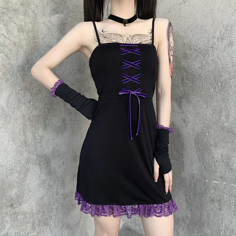 Vintage Women's Lace Gothic Style Black Dress / Sleeve Separated Ruffle Backless Mini Dress