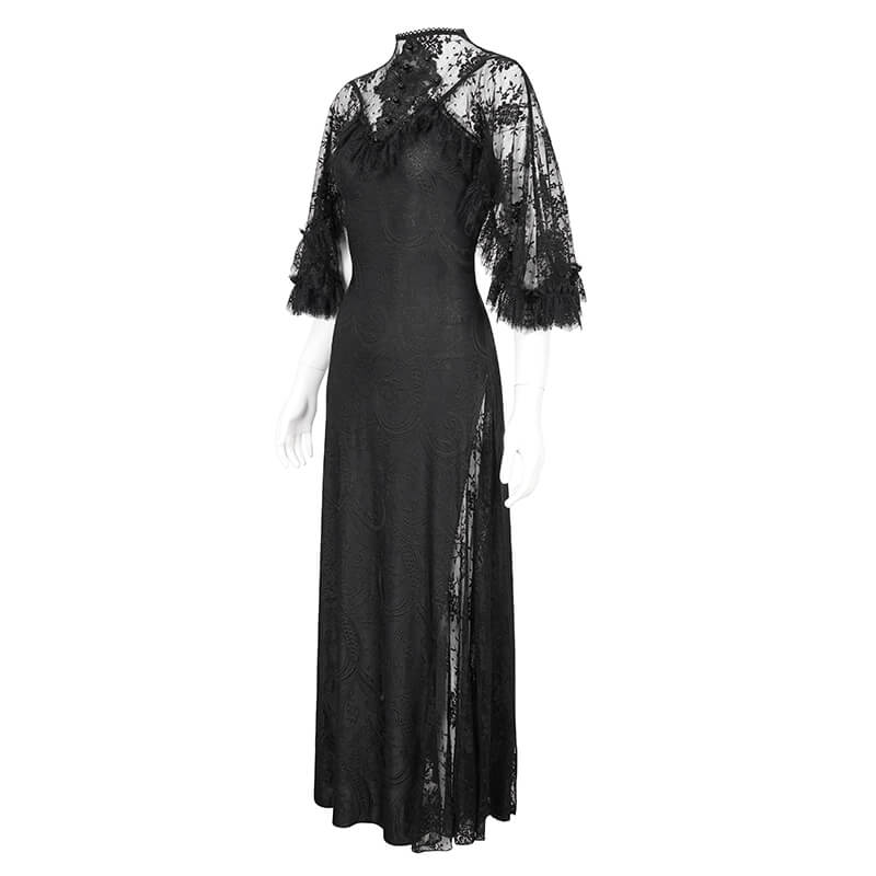 Vintage Women's Lace Slit Long Dress / Elegant Round Neck Dress with Lace Applique and Beading