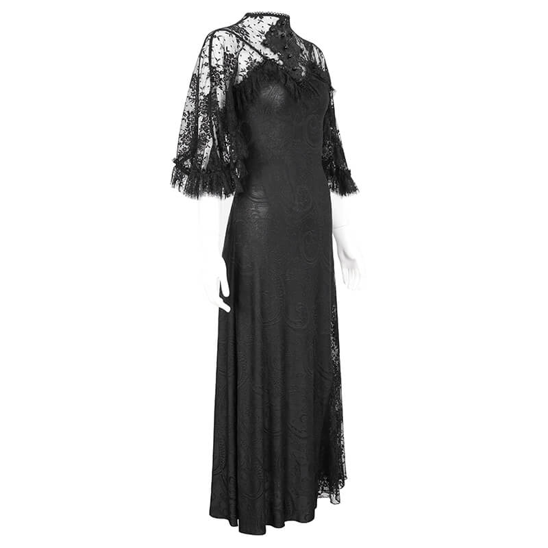 Vintage Women's Lace Slit Long Dress / Elegant Round Neck Dress with Lace Applique and Beading