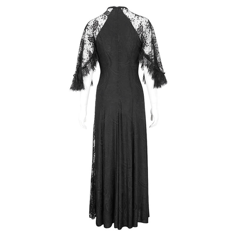 Vintage Women's Lace Slit Long Dress / Elegant Round Neck Dress with Lace Applique and Beading