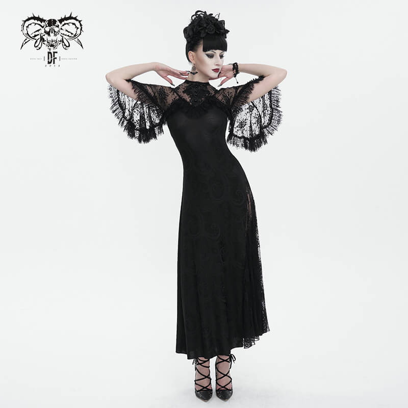 Vintage Women's Lace Slit Long Dress / Elegant Round Neck Dress with Lace Applique and Beading