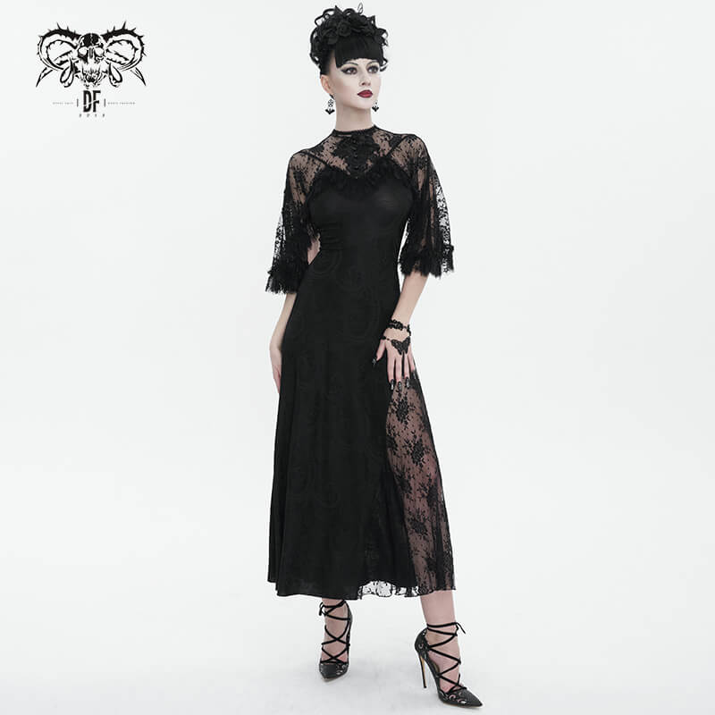 Vintage Women's Lace Slit Long Dress / Elegant Round Neck Dress with Lace Applique and Beading