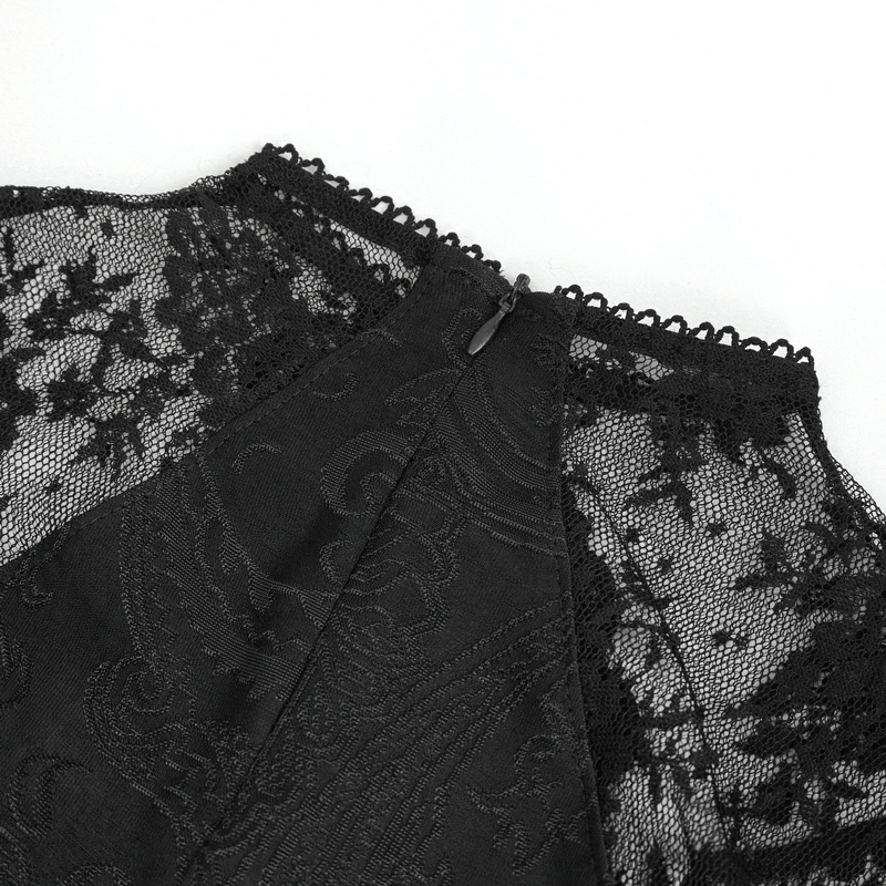 Vintage Women's Lace Slit Long Dress / Elegant Round Neck Dress with Lace Applique and Beading