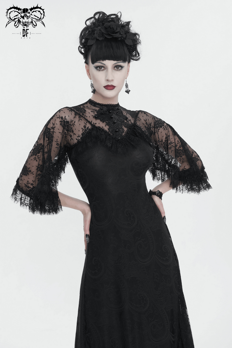 Vintage Women's Lace Slit Long Dress / Elegant Round Neck Dress with Lace Applique and Beading
