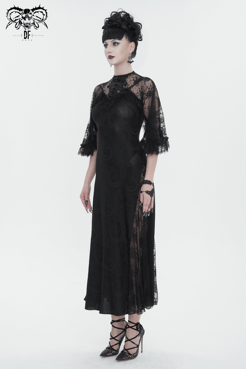 Vintage Women's Lace Slit Long Dress / Elegant Round Neck Dress with Lace Applique and Beading