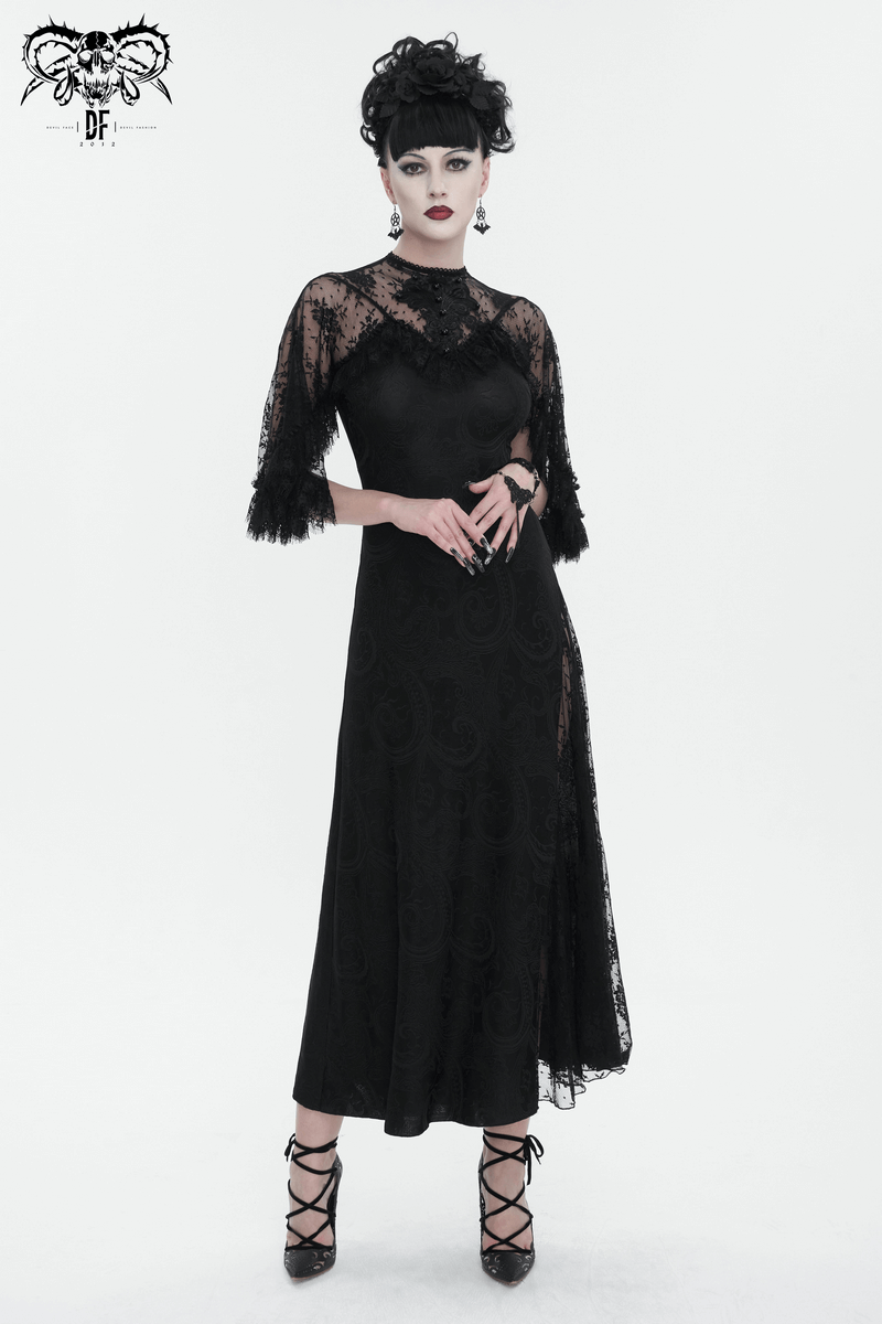 Vintage Women's Lace Slit Long Dress / Elegant Round Neck Dress with Lace Applique and Beading