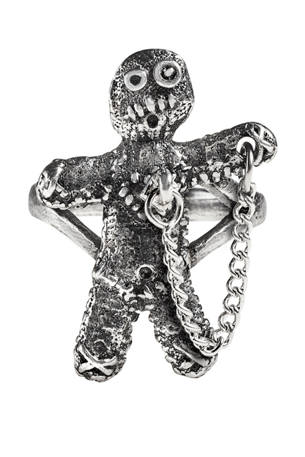 Voodoo Doll Pewter Ring with Safety Chain and Peg-Pin