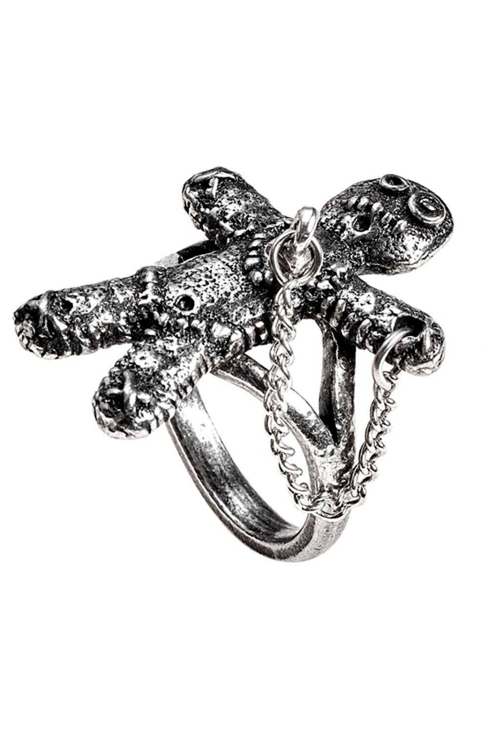 Voodoo Doll Pewter Ring with Safety Chain and Peg-Pin