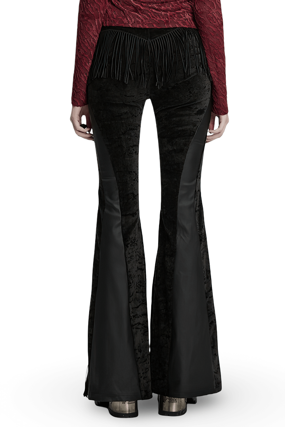 Wasteland Black Tassel Flare Pants with Velvet Detailing