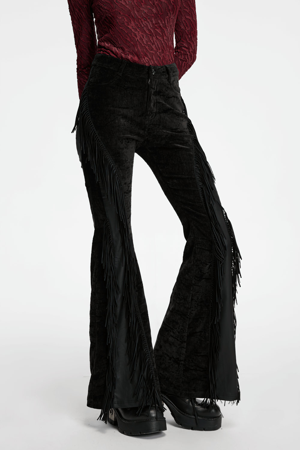 Wasteland Black Tassel Flare Pants with Velvet Detailing