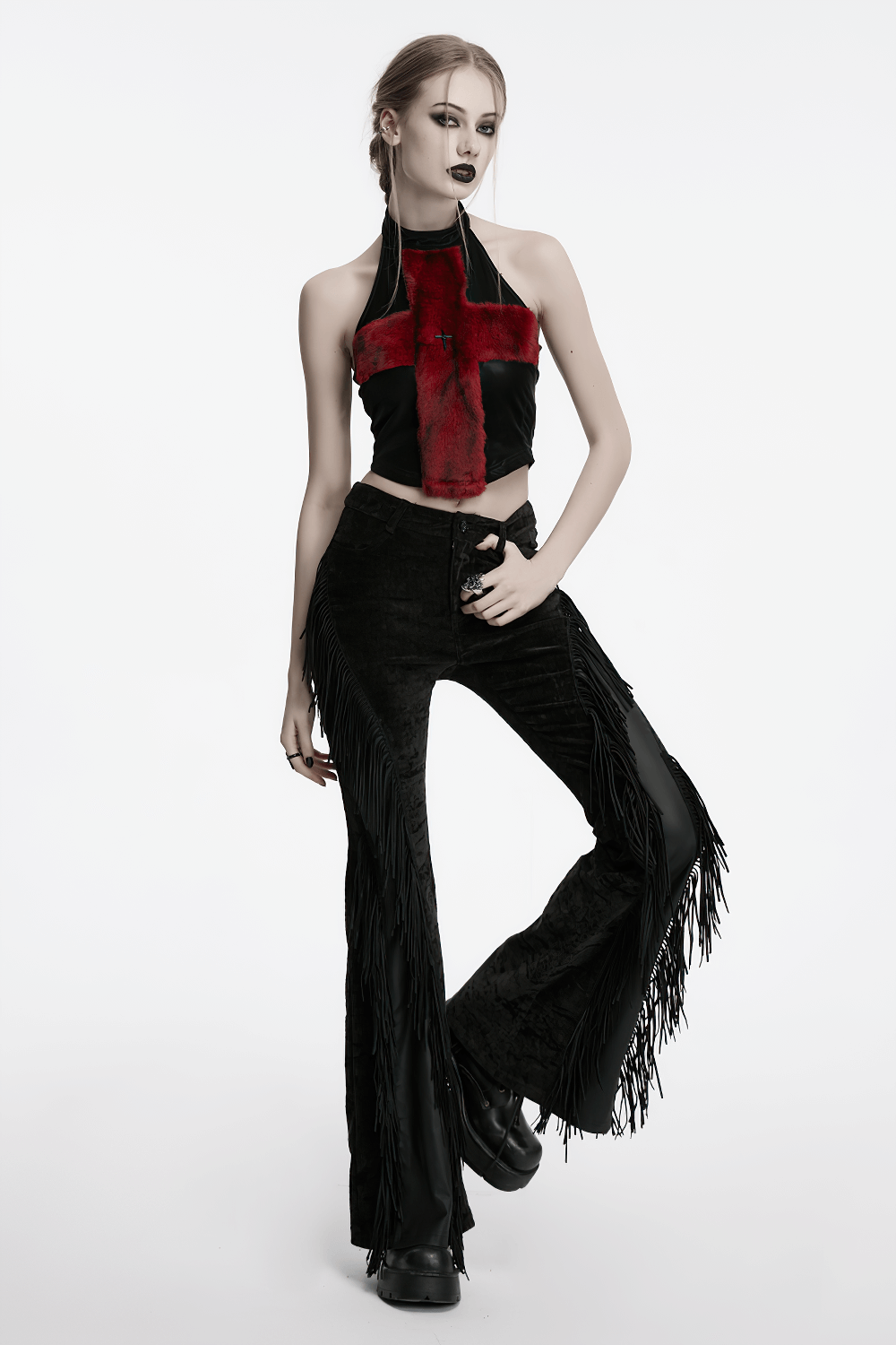 Wasteland Black Tassel Flare Pants with Velvet Detailing