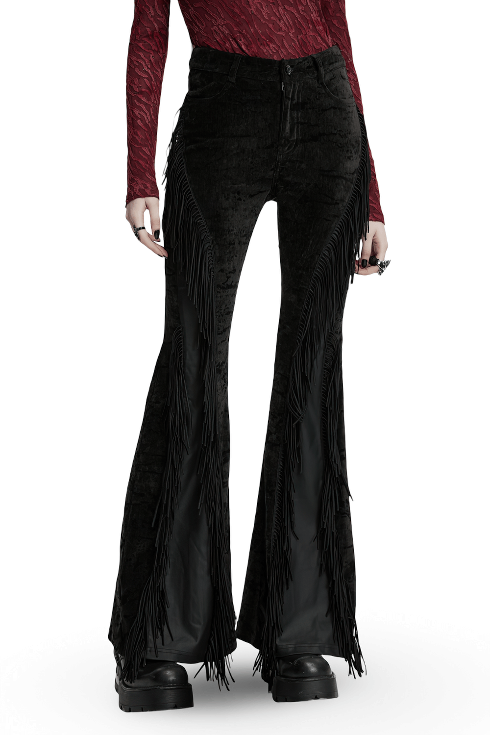 Wasteland Black Tassel Flare Pants with Velvet Detailing