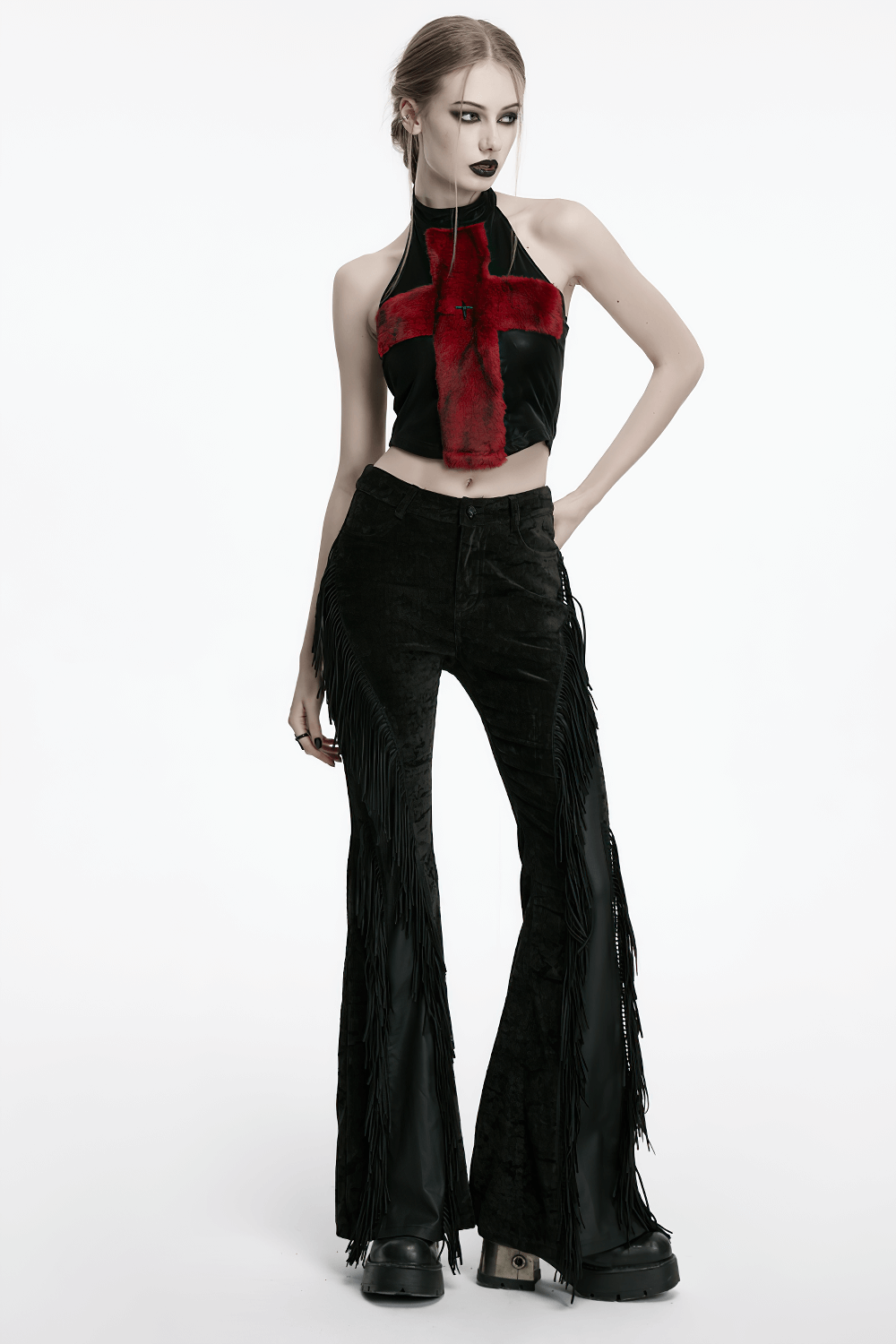 Wasteland Black Tassel Flare Pants with Velvet Detailing