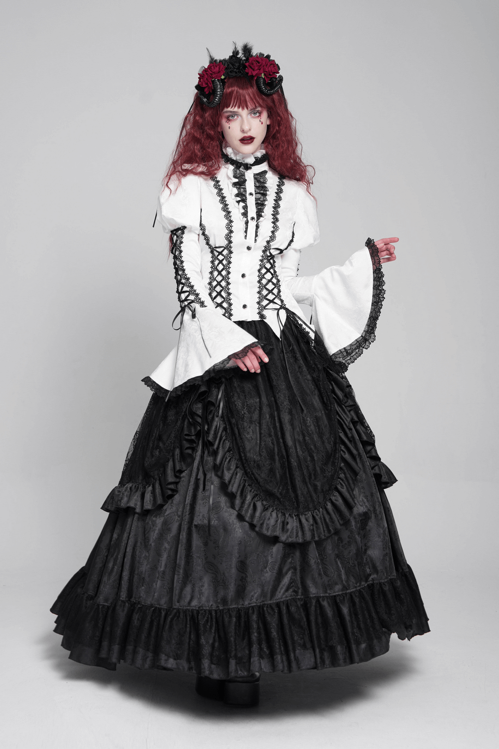 White Gothic Lace Victorian Blouse with Corset Ties