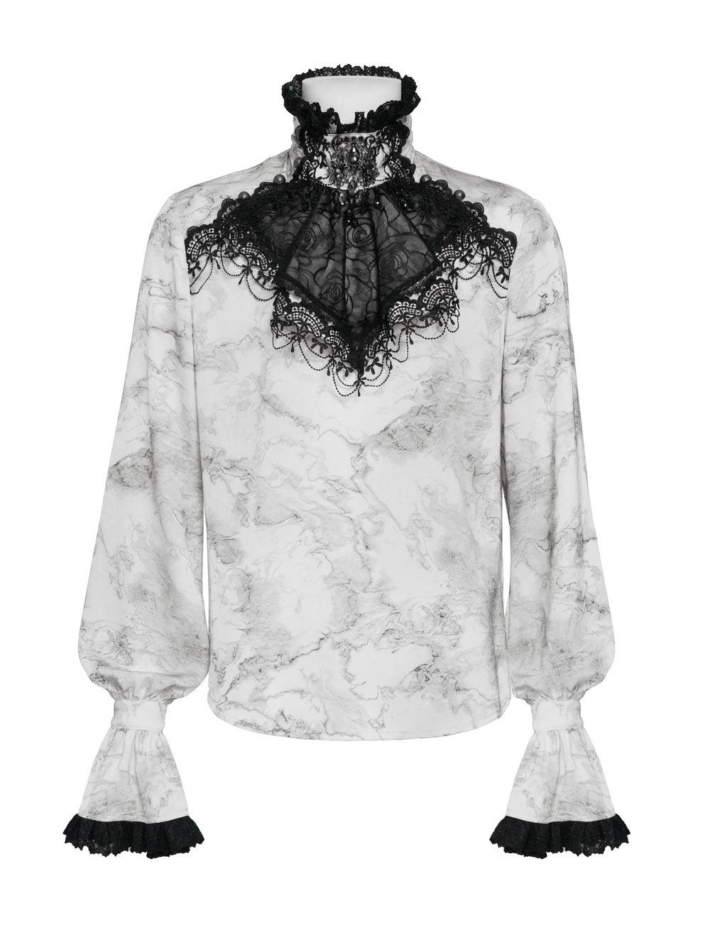 White Gothic Marble Shirt with Lace Ruffle Bib