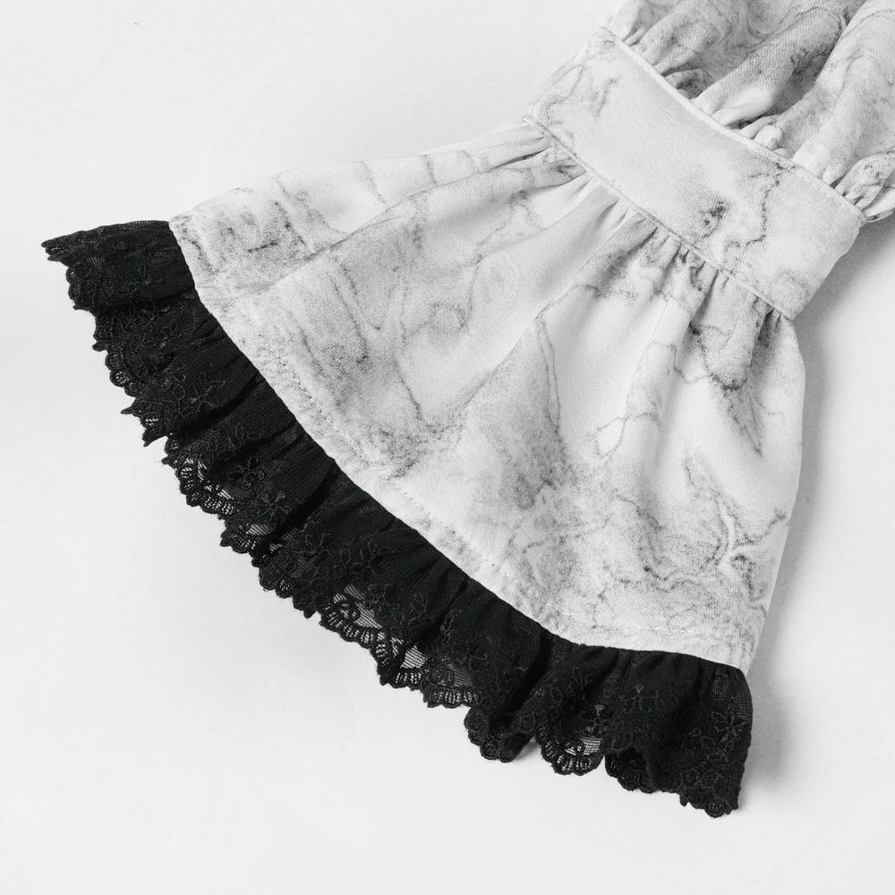 White Gothic Marble Shirt with Lace Ruffle Bib