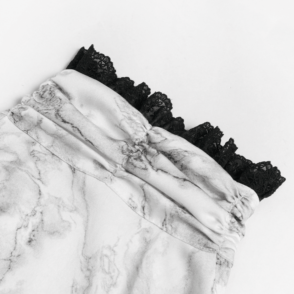 White Gothic Marble Shirt with Lace Ruffle Bib