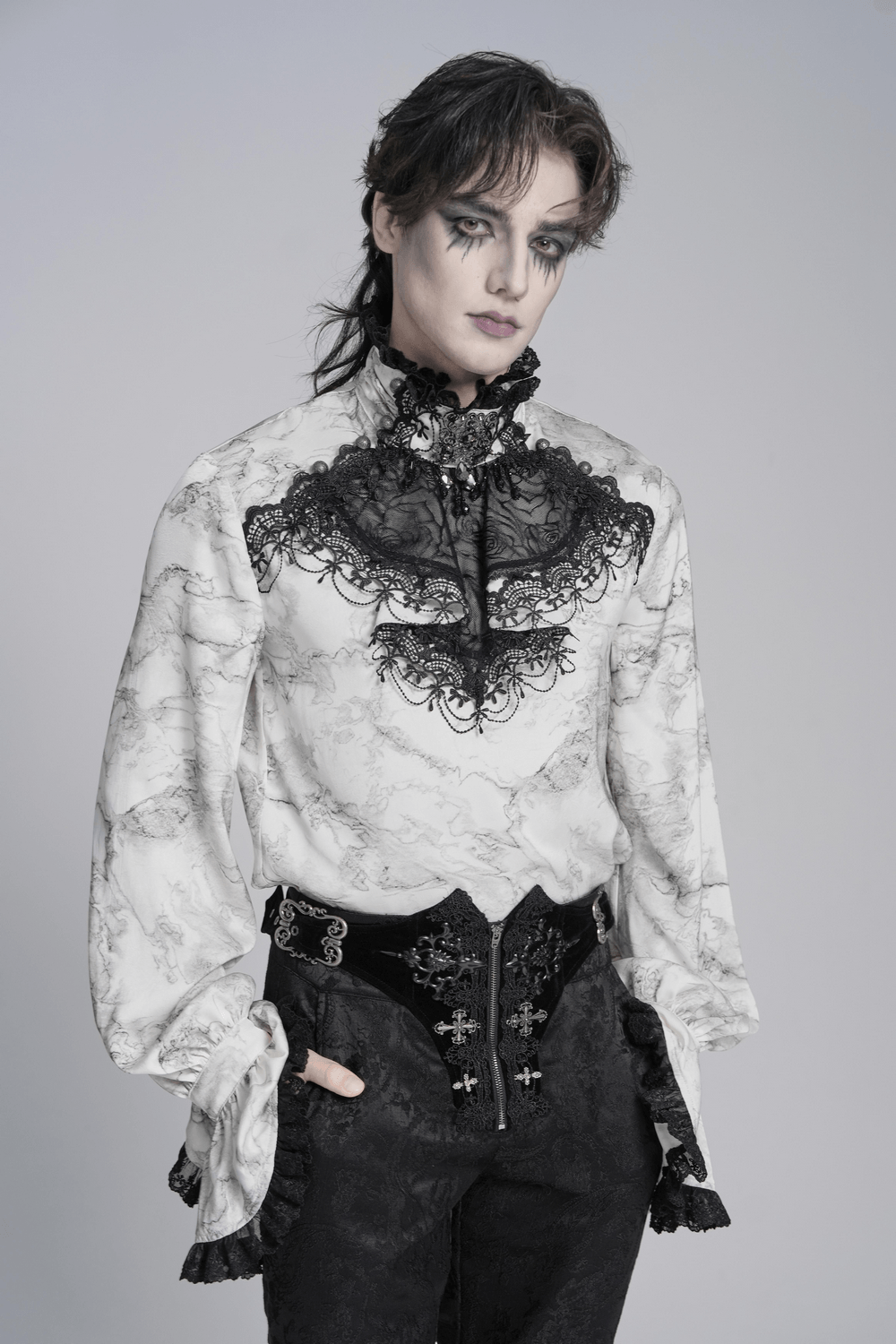 White Gothic Marble Shirt with Lace Ruffle Bib
