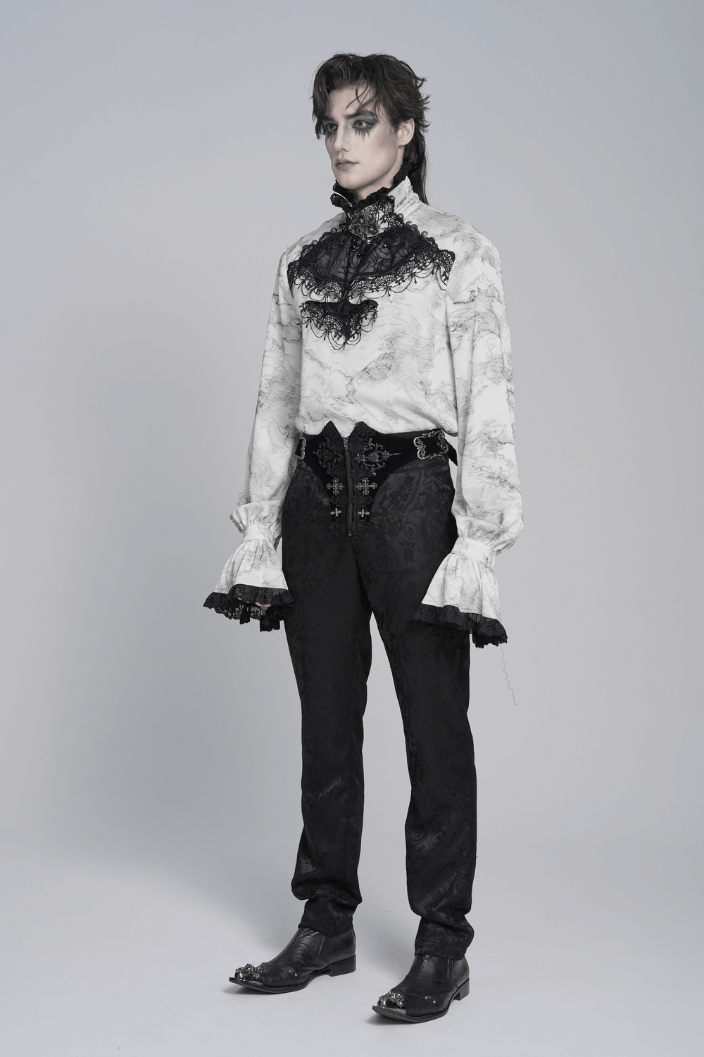 White Gothic Marble Shirt with Lace Ruffle Bib