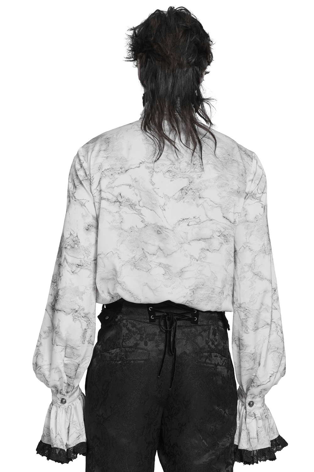 White Gothic Marble Shirt with Lace Ruffle Bib