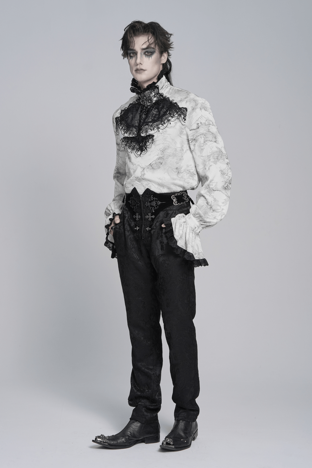 White Gothic Marble Shirt with Lace Ruffle Bib