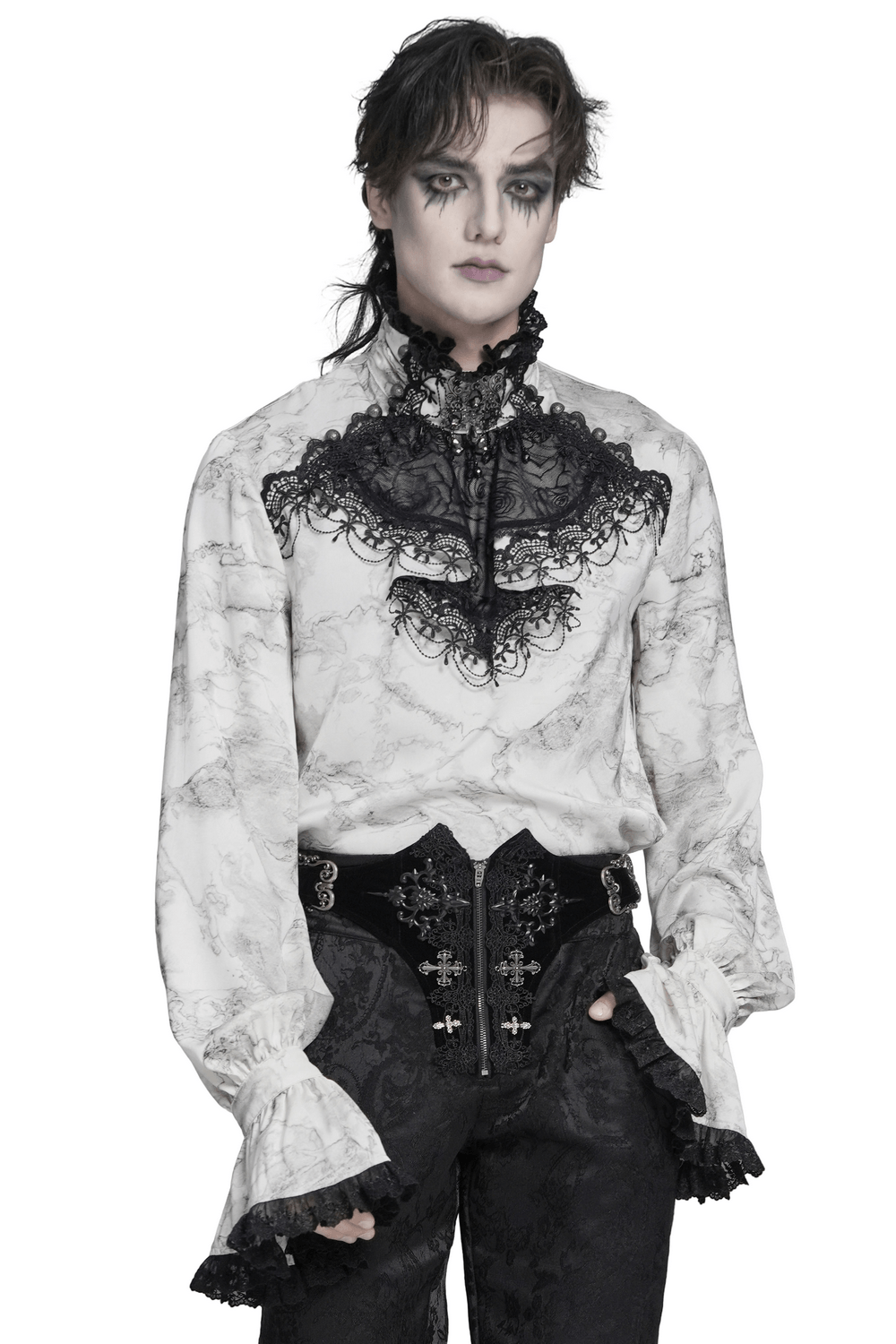 White Gothic Marble Shirt with Lace Ruffle Bib