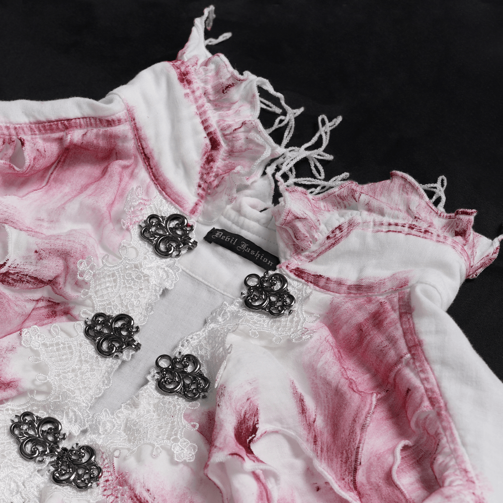 White Gothic Ruffle Shirt with Crimson Distressed Frills