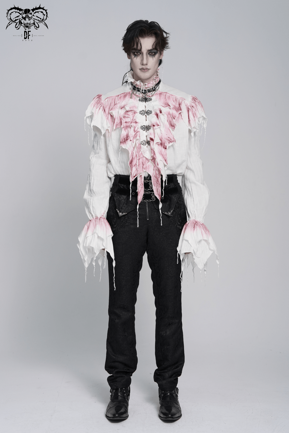 White Gothic Ruffle Shirt with Crimson Distressed Frills