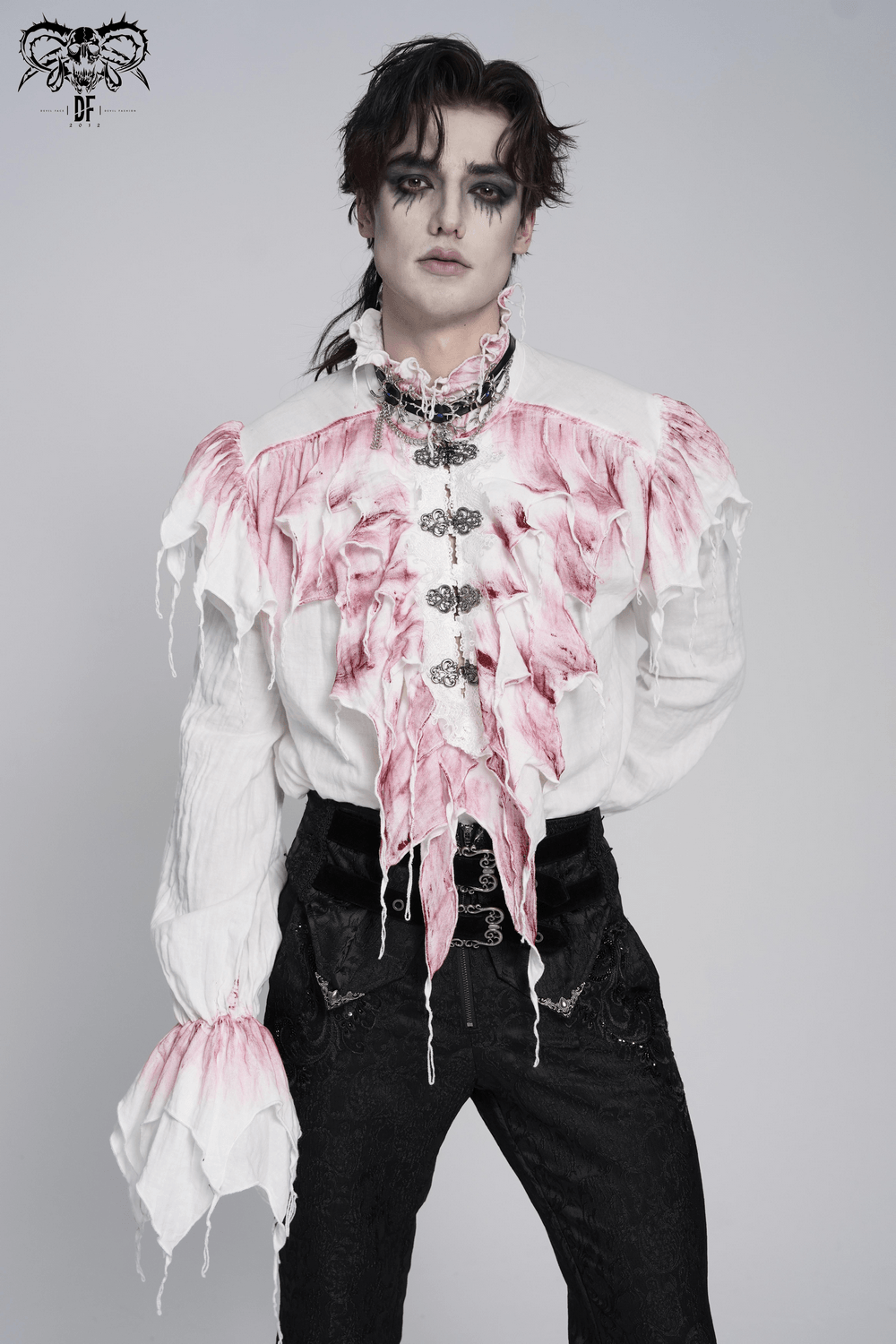 White Gothic Ruffle Shirt with Crimson Distressed Frills
