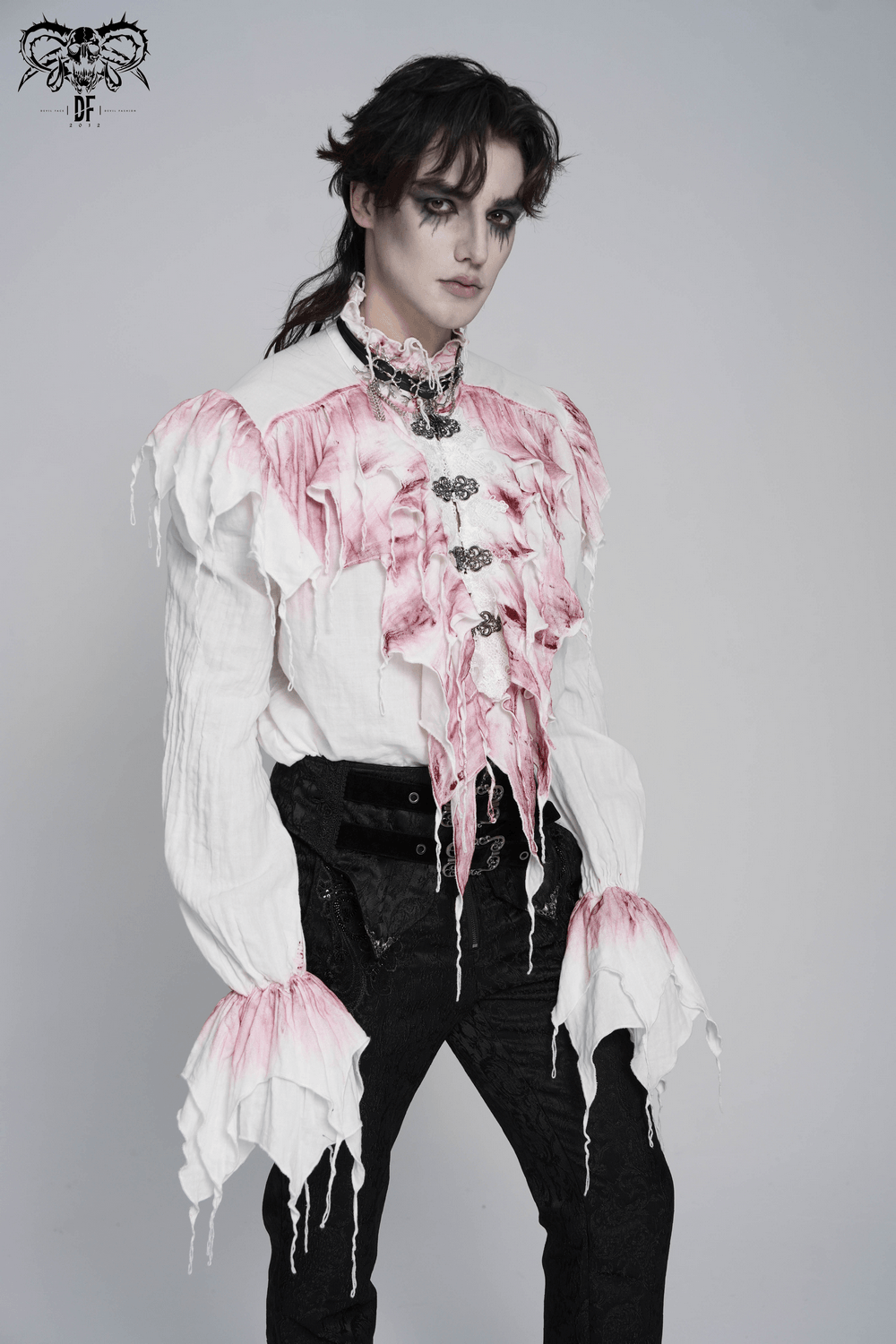 White Gothic Ruffle Shirt with Crimson Distressed Frills