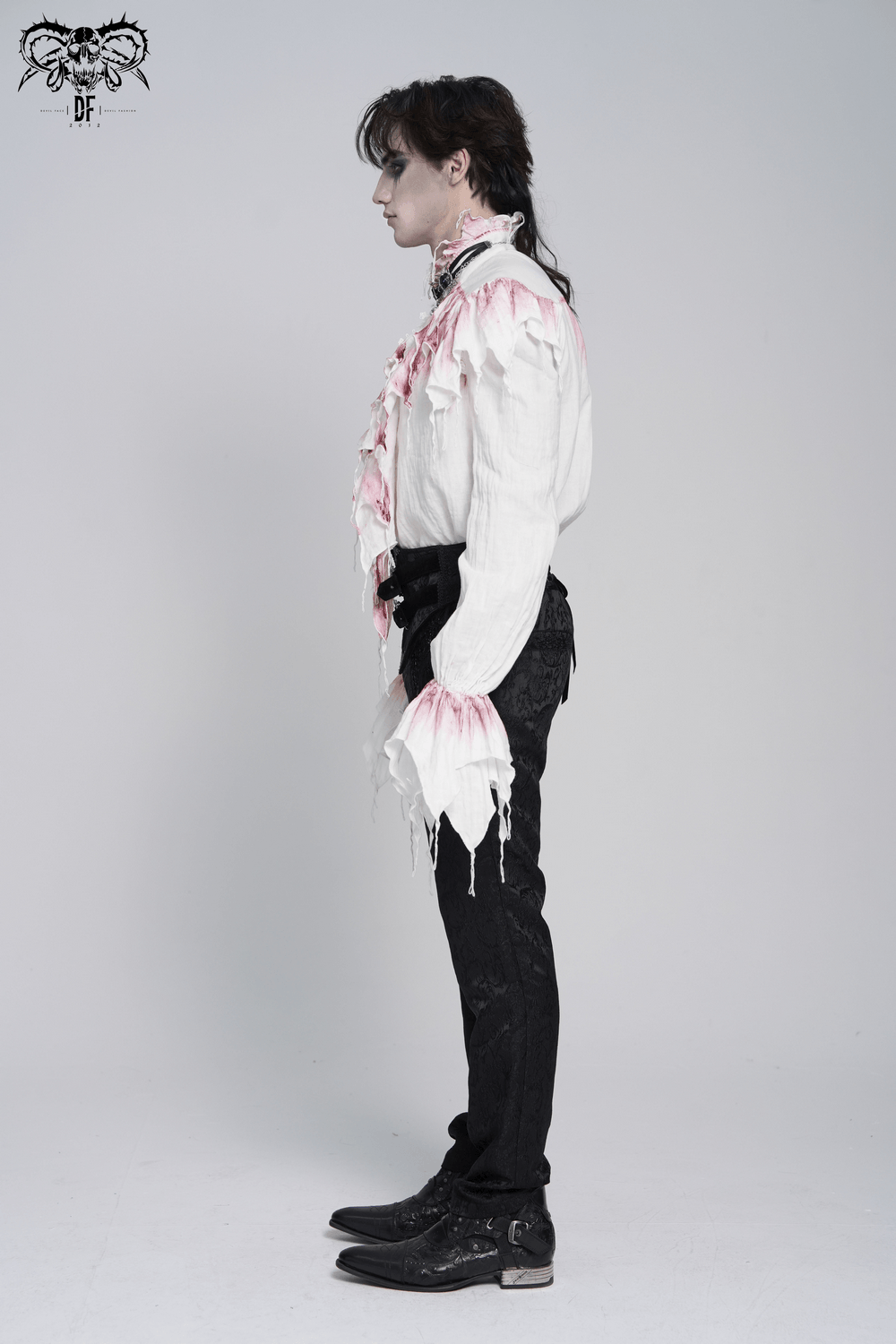 White Gothic Ruffle Shirt with Crimson Distressed Frills