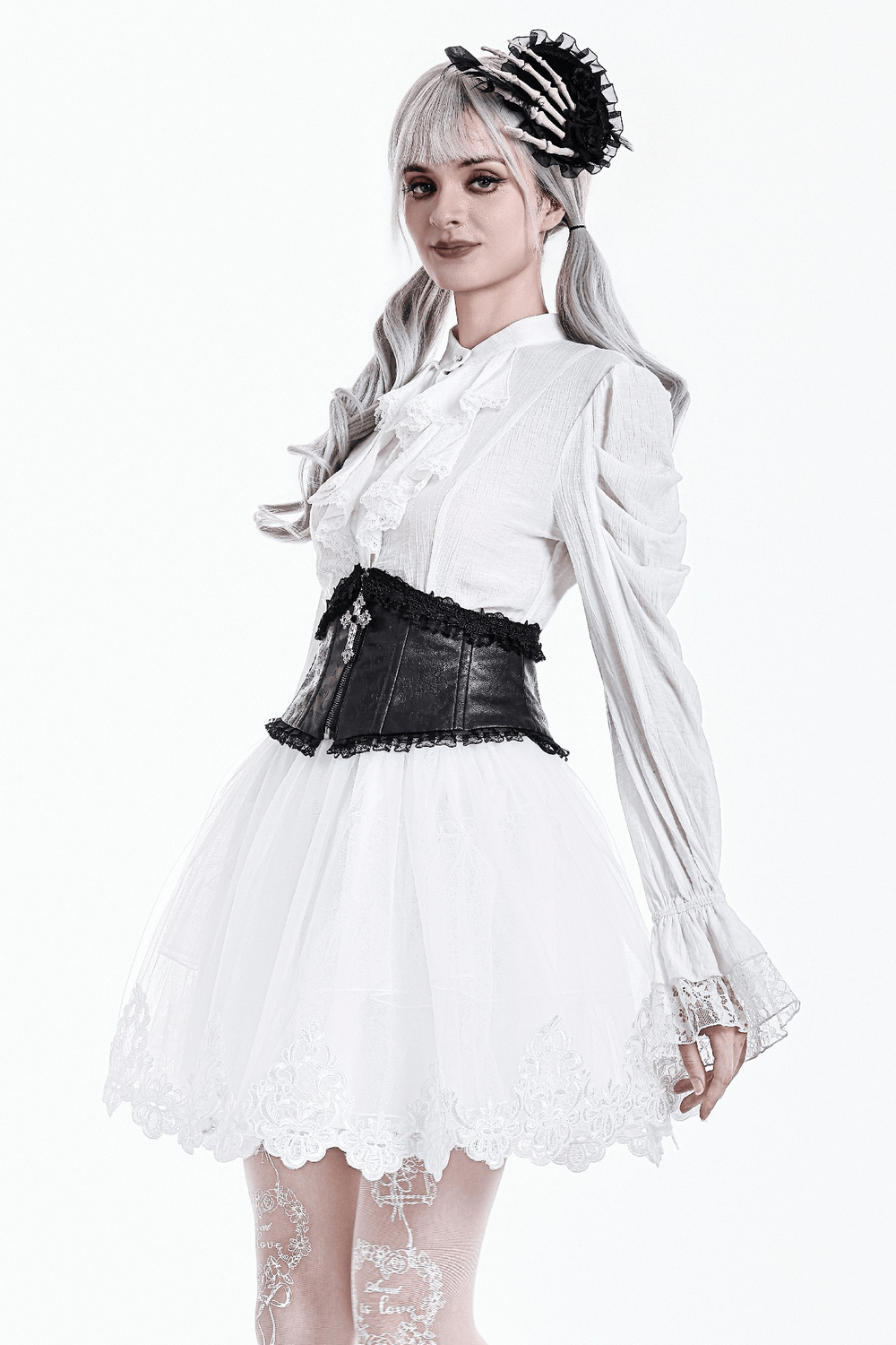 White Gothic Tulle Skirt with Embroidered Lace Hem