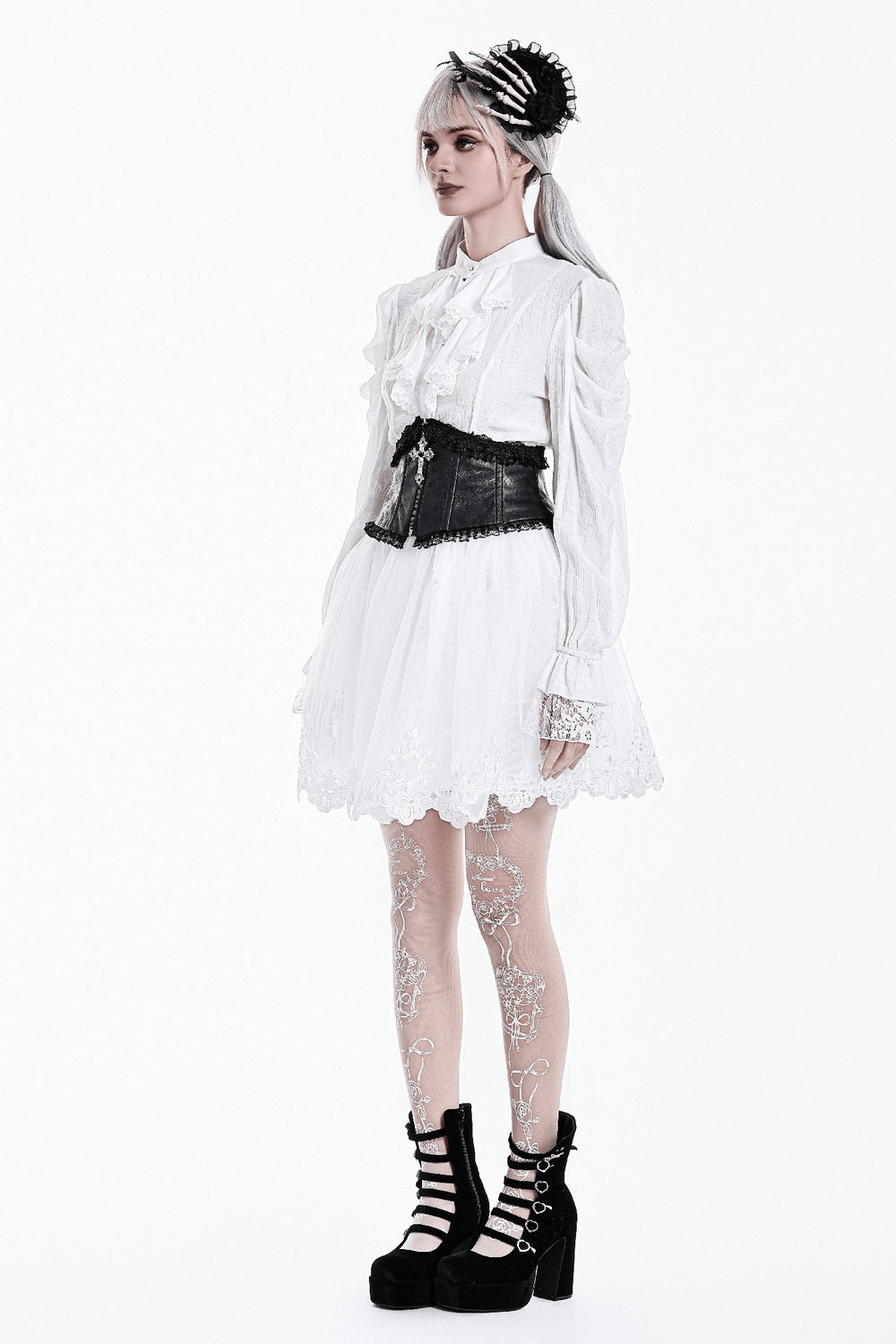 White Gothic Tulle Skirt with Embroidered Lace Hem