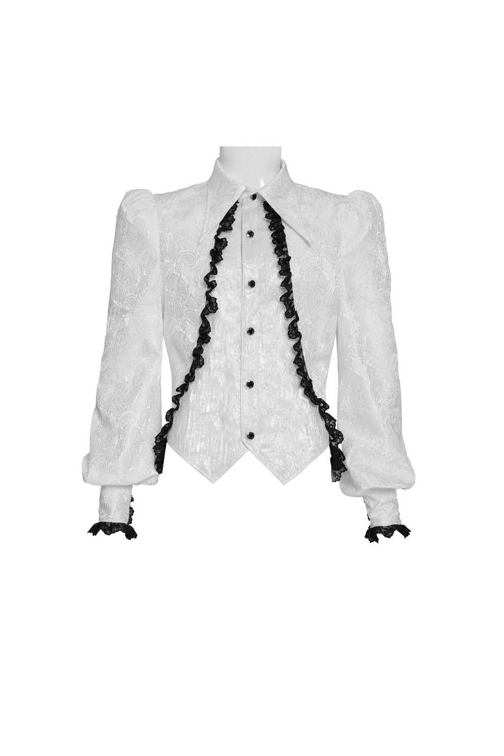 White Victorian Gothic Shirt with Black Lace Jabot Trim